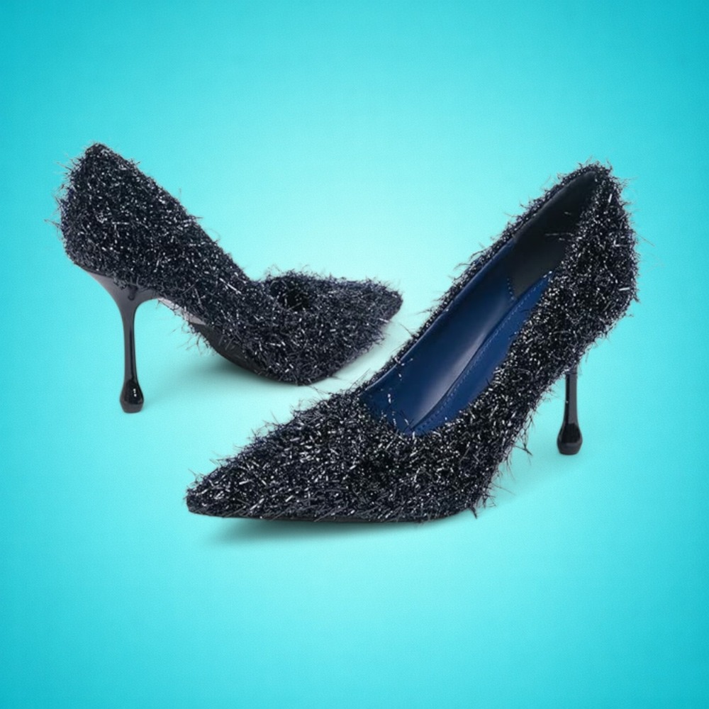 New Women's Newbella Navy Blue Faux Fur Stiletto Pump Heels, Size 8.5